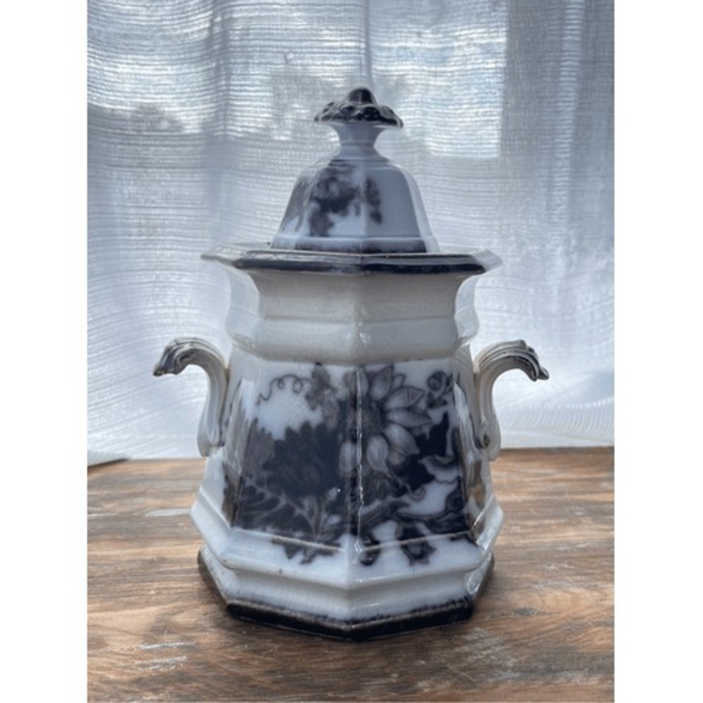 Vintage 1800s Antique Black Transferware Ironstone Sugar‎ Container with Lid